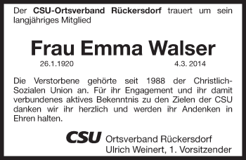 Traueranzeige von Emma Walser von Pegnitz-Zeitung